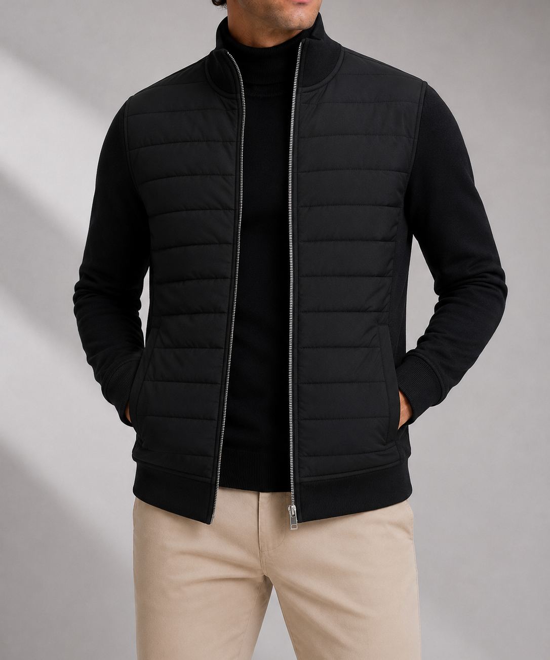Men's Hybrid Quilted Jacket – Knitted Sleeves, Free Movement