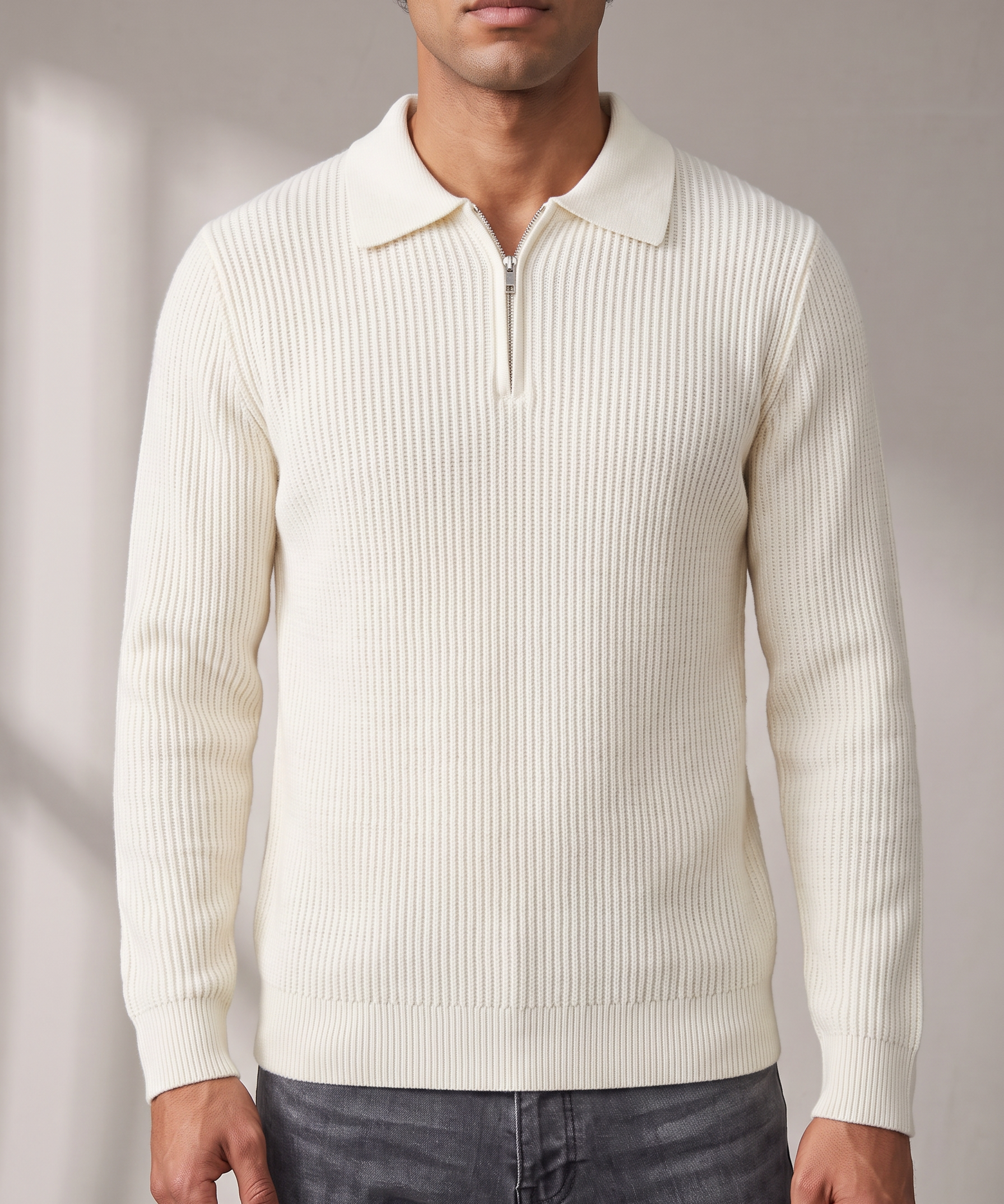 Men's Waffle Quarter Zip – Stand Collar, Fitted Cut