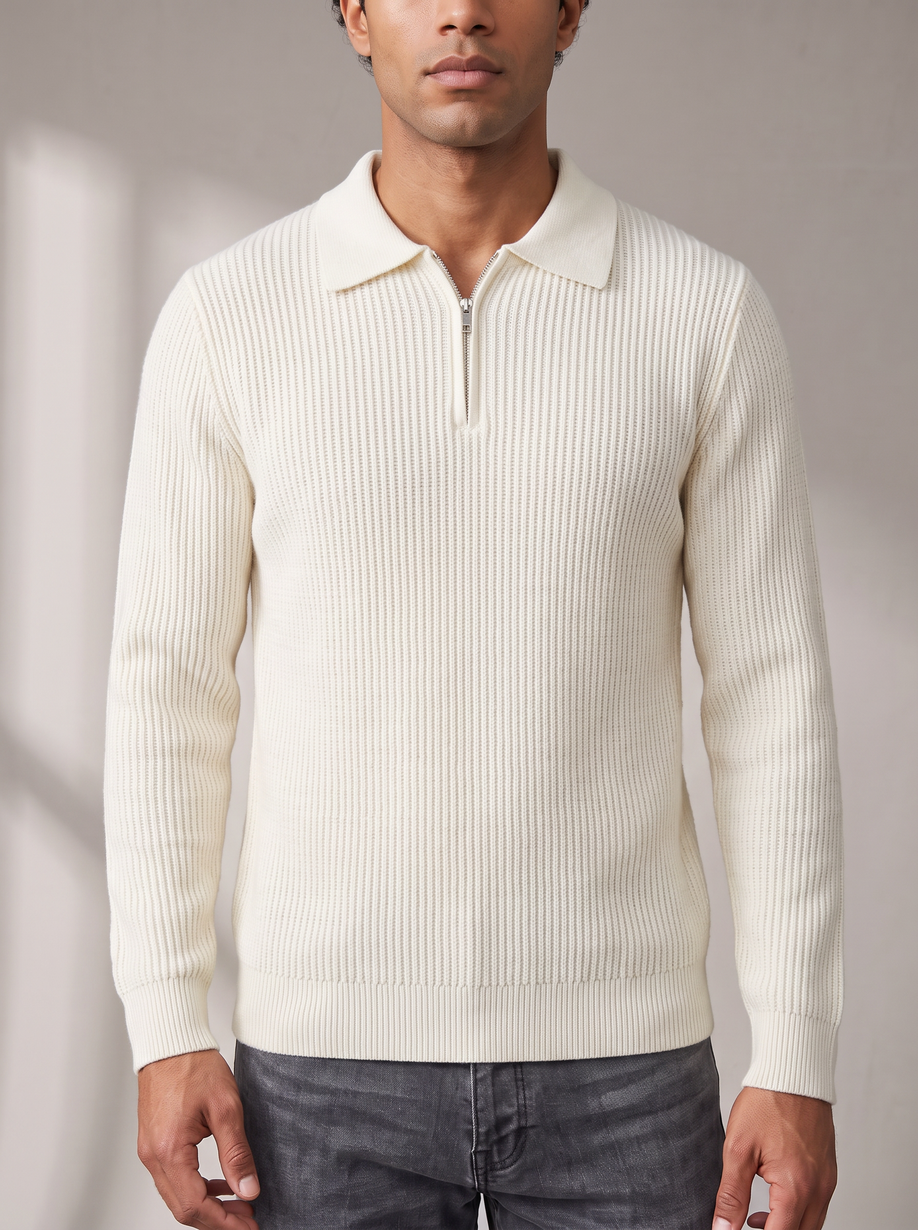 Men's Waffle Quarter Zip – Stand Collar, Fitted Cut