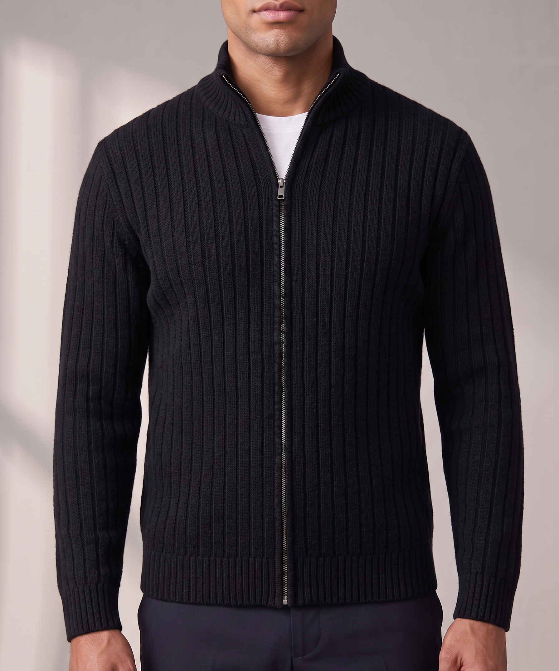 Men's Ribbed Zip Cardigan – Minimalist Finish, Easy Layering