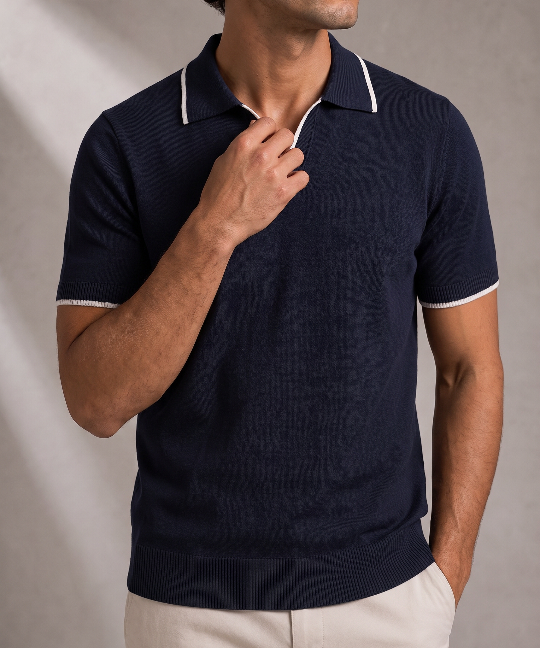 Men's Knit Polo – Contrast Trim, Ribbed Collar