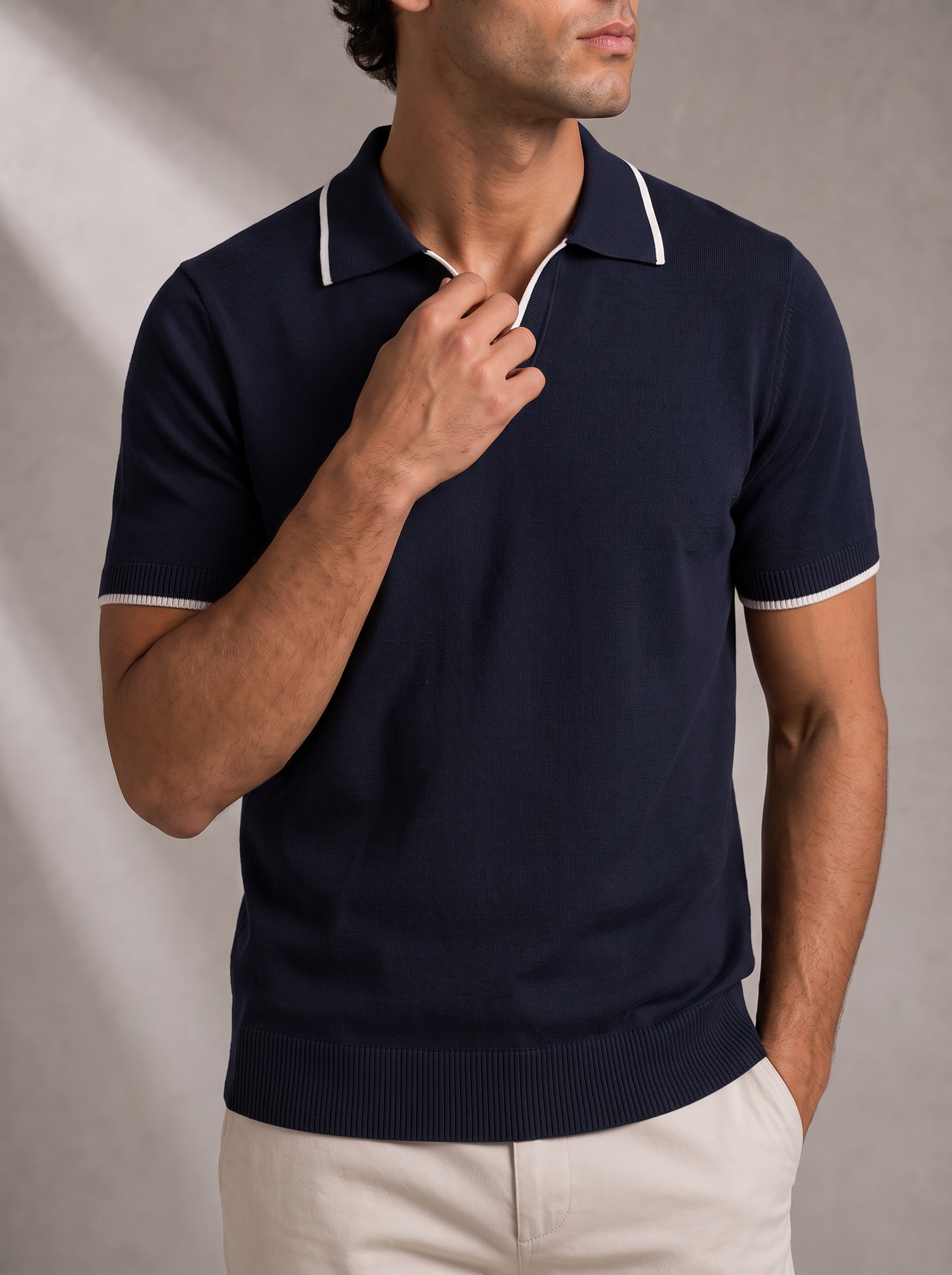 Men's Knit Polo – Contrast Trim, Ribbed Collar