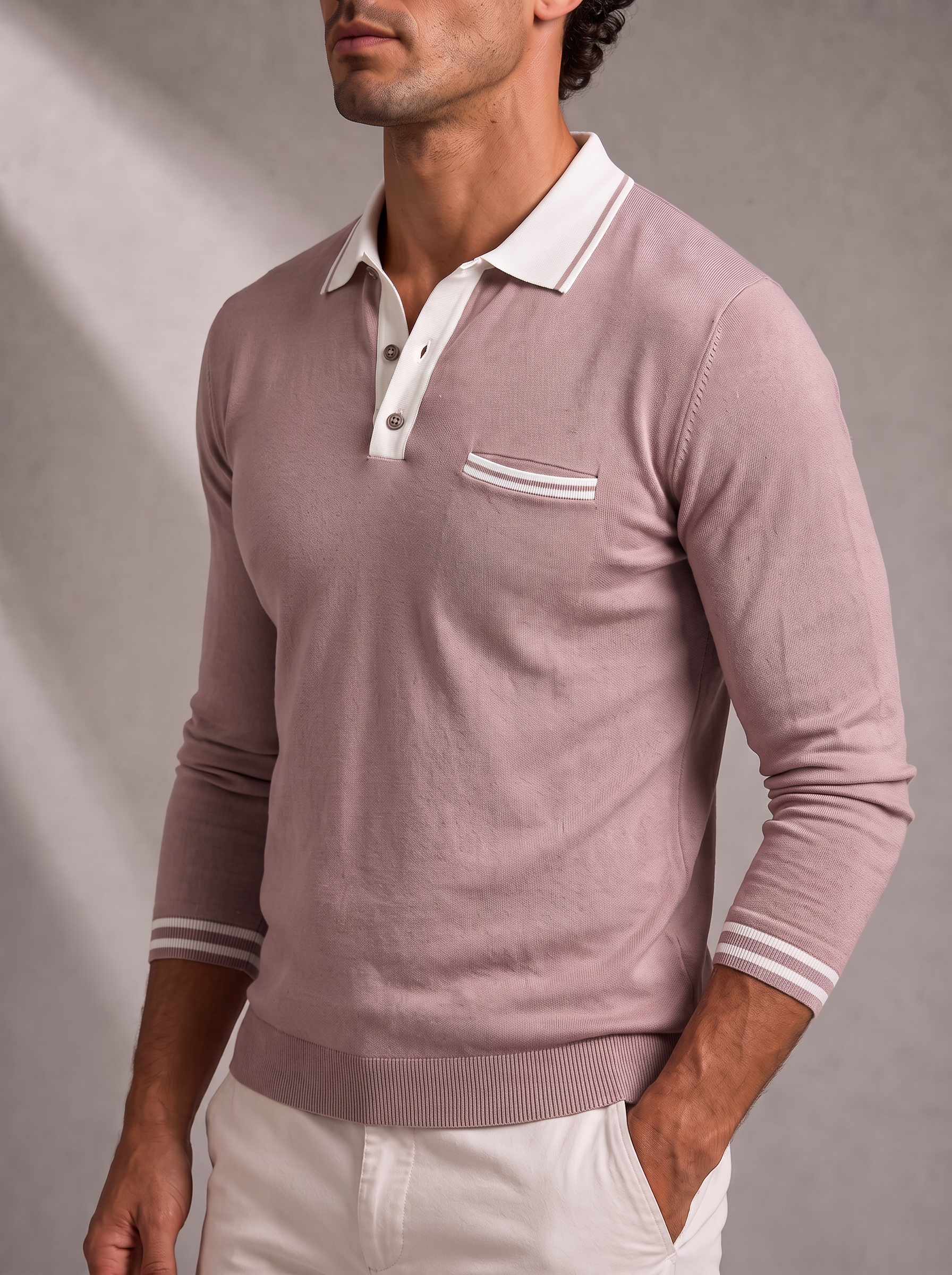 Men's Long Sleeve Polo – Structured Collar, Contrast Trim – image 2