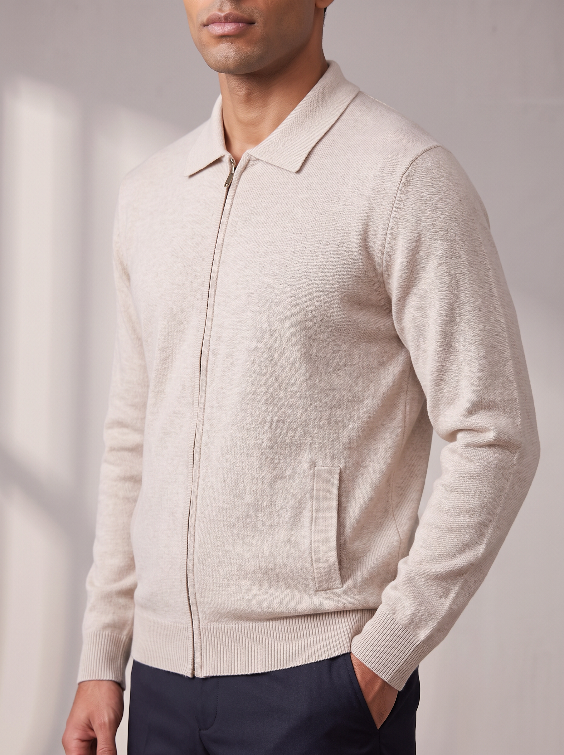 Men's Zip Cardigan – Shirt Collar, Ribbed Trims – image 4
