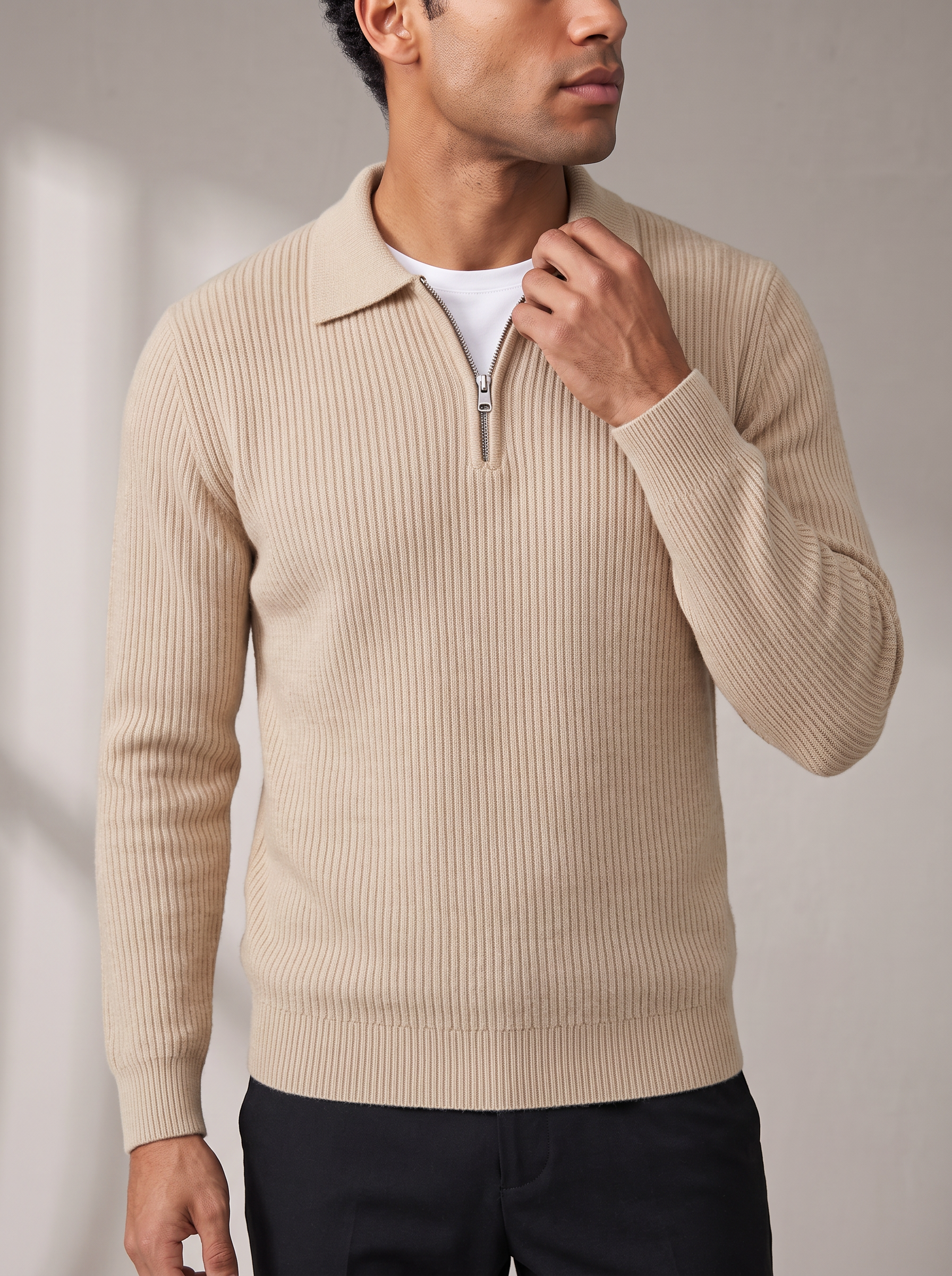 Men's Waffle Quarter Zip – Stand Collar, Fitted Cut – image 3