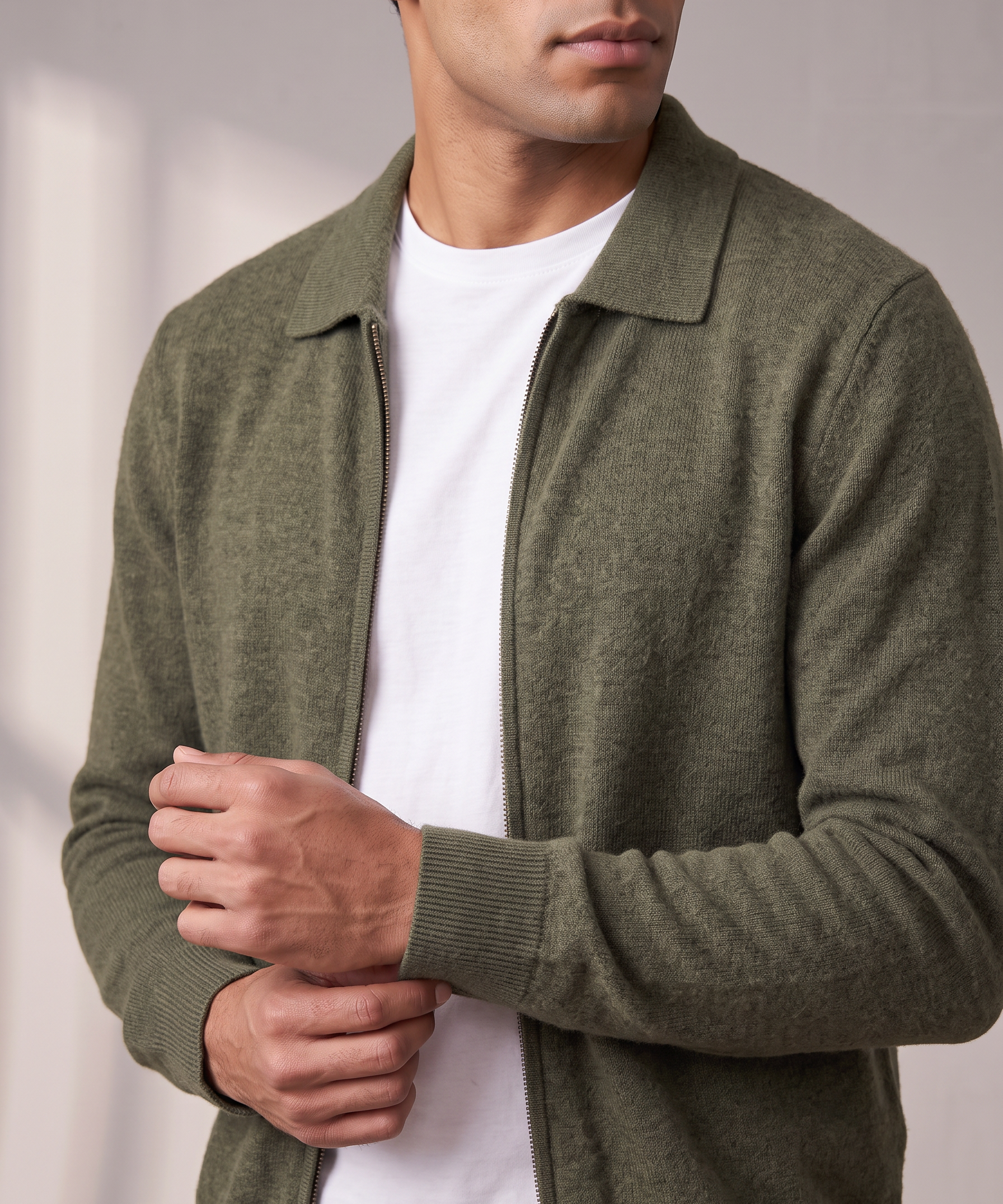 Men's Zip Cardigan – Shirt Collar, Ribbed Trims