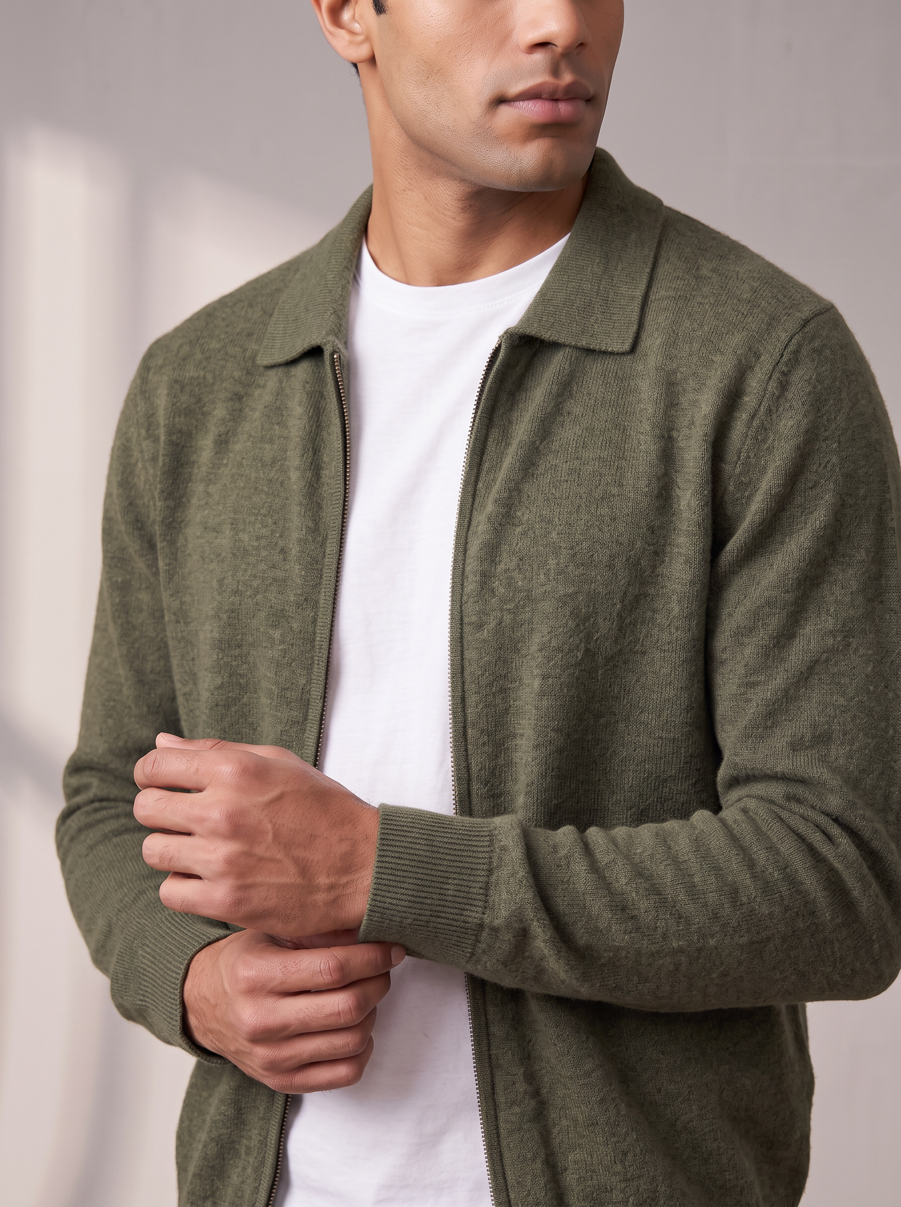 Men's Zip Cardigan – Shirt Collar, Ribbed Trims