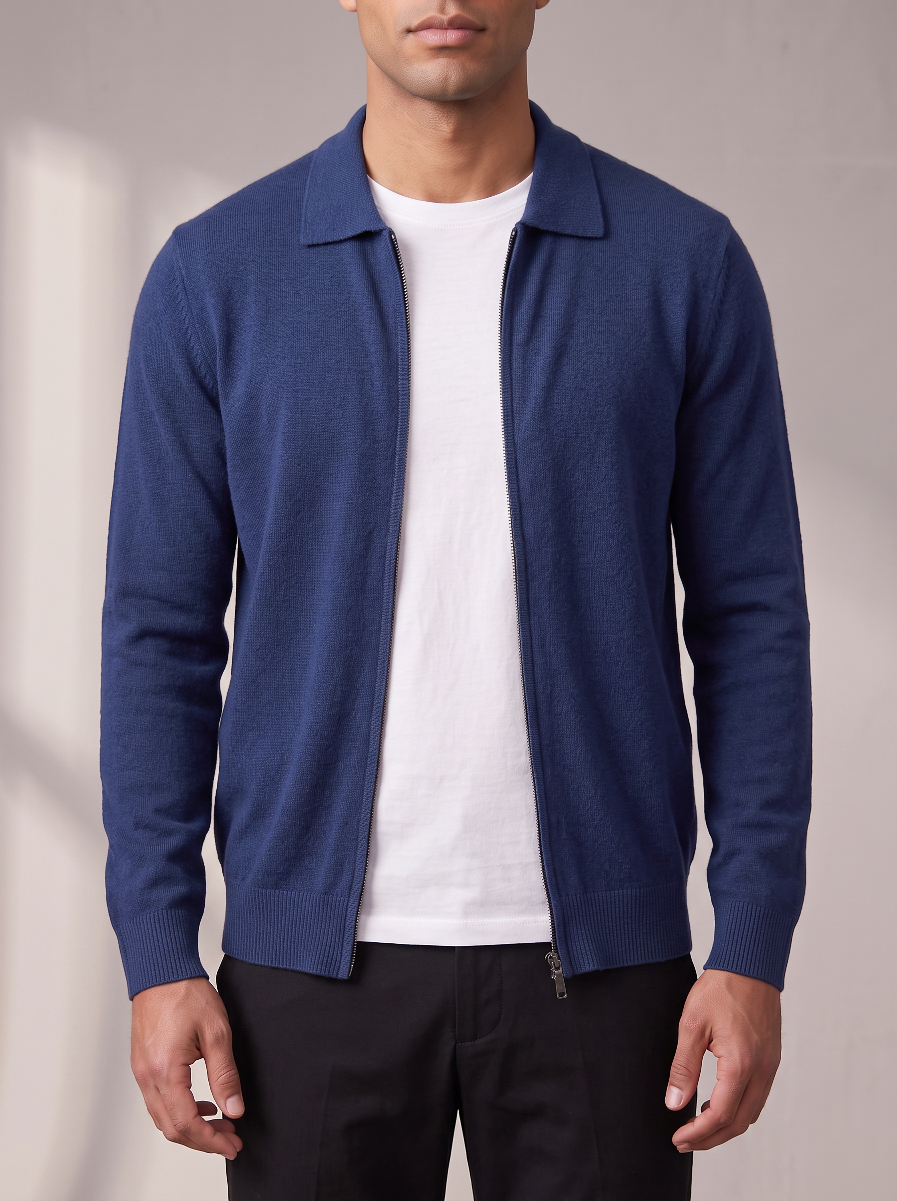 Men's Zip Cardigan – Shirt Collar, Ribbed Trims – image 2