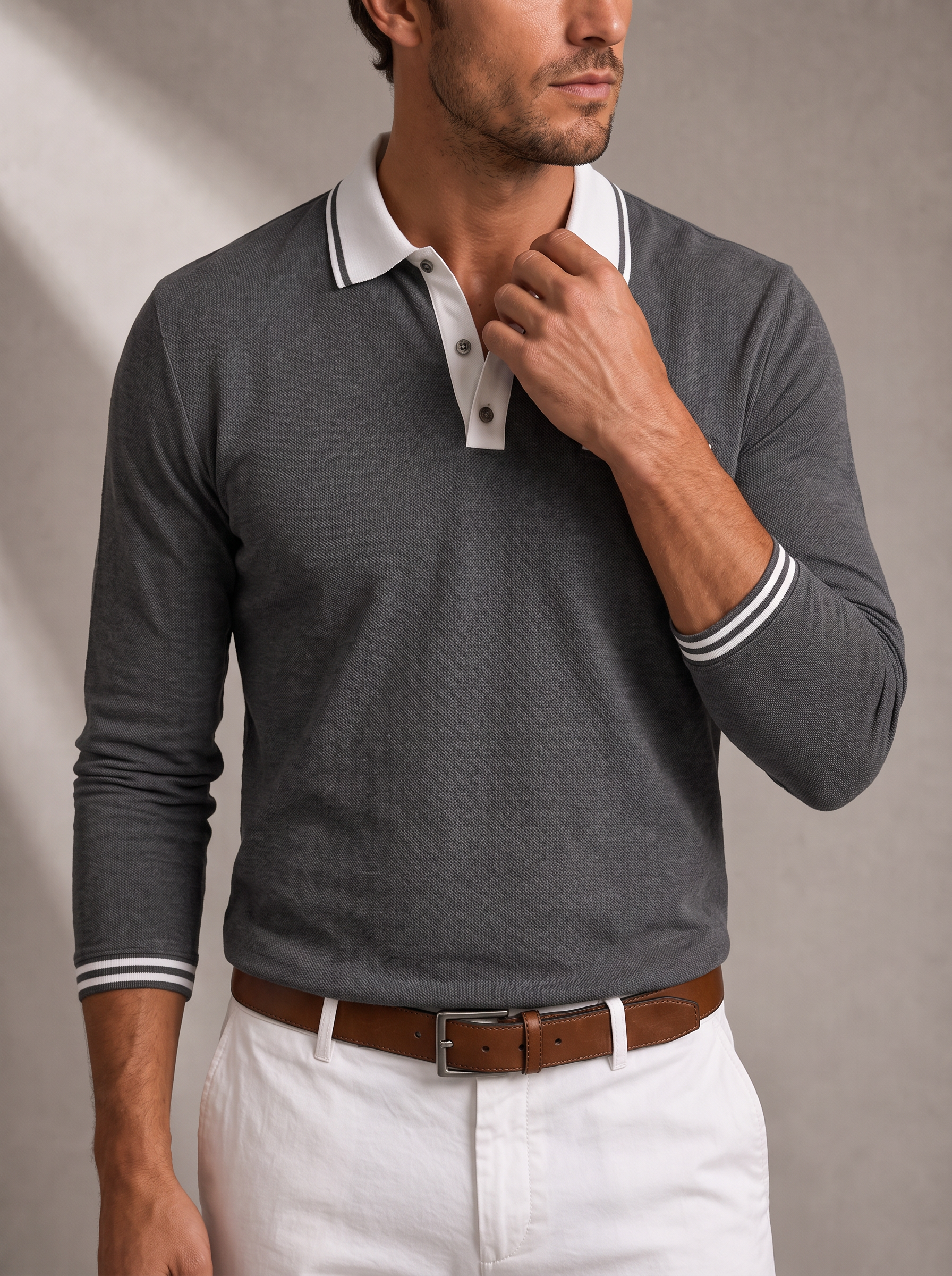 Men's Long Sleeve Polo – Structured Collar, Contrast Trim – image 3