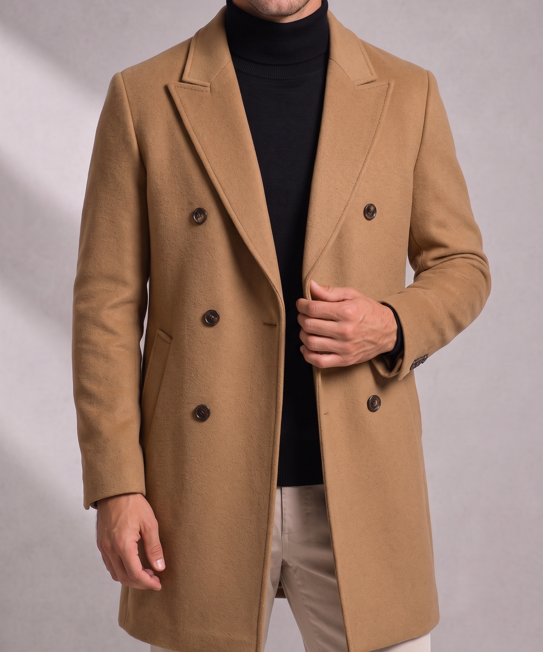 Men's Double-Breasted Overcoat – Longline, Peaked Lapels