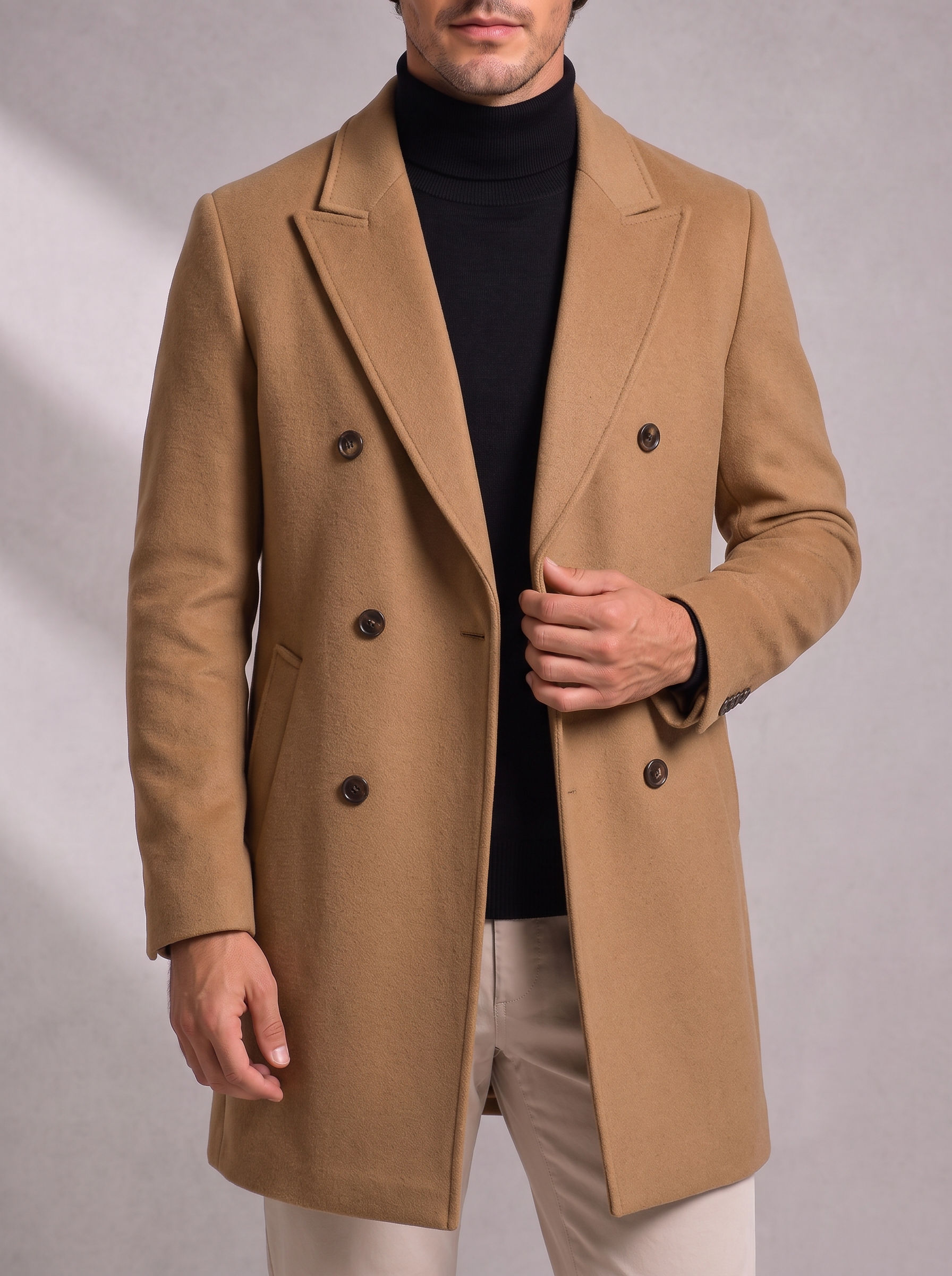 Men's Double-Breasted Overcoat – Longline, Peaked Lapels