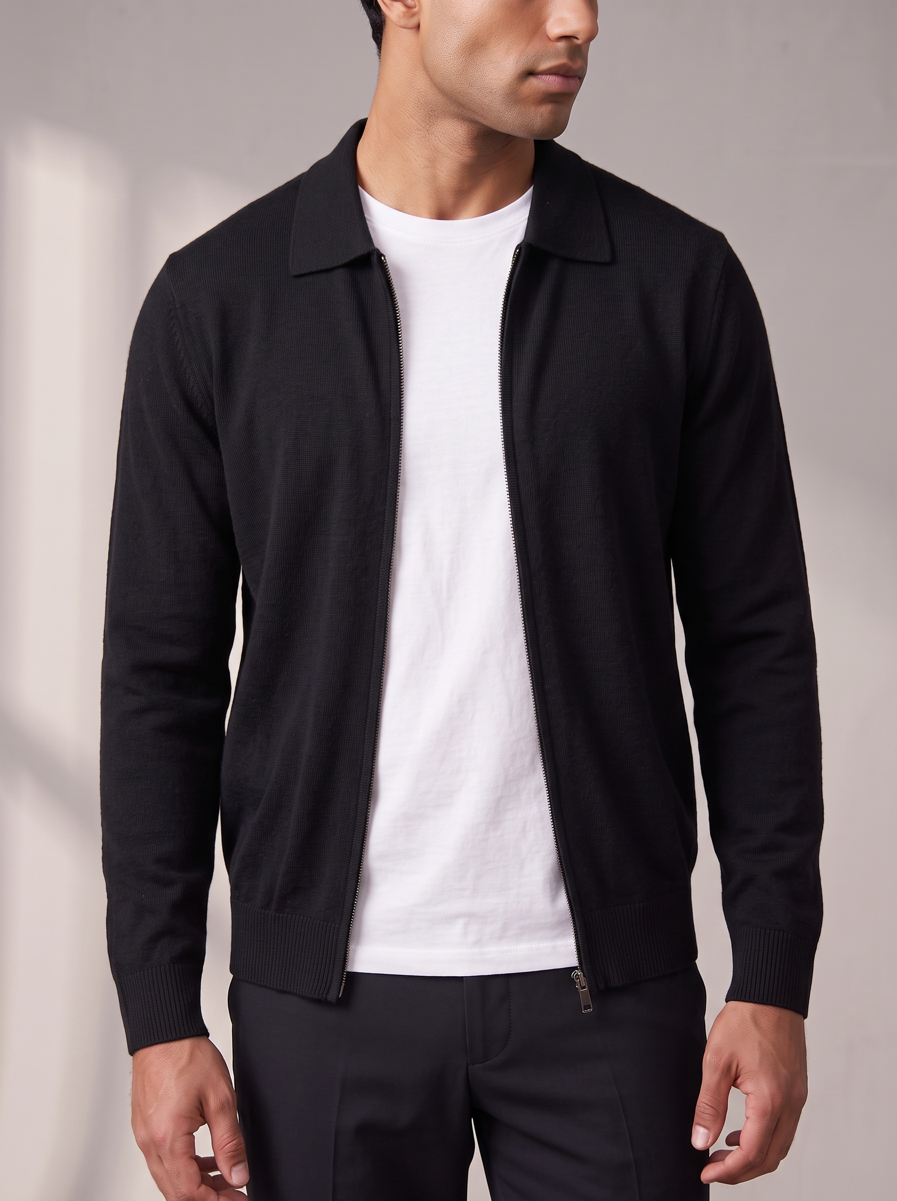 Men's Zip Cardigan – Shirt Collar, Ribbed Trims – image 3