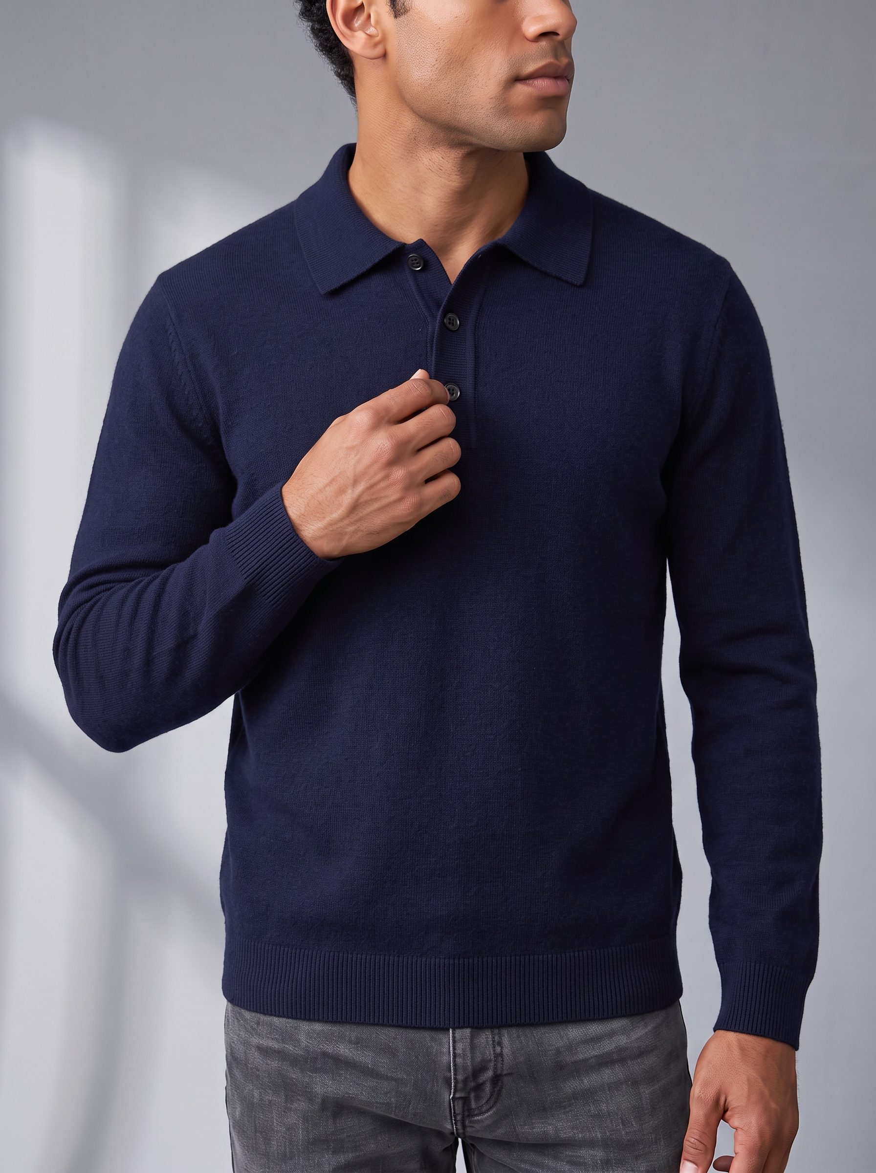 Men's Polo Jumper – Open Collar, Relaxed Fit – image 3